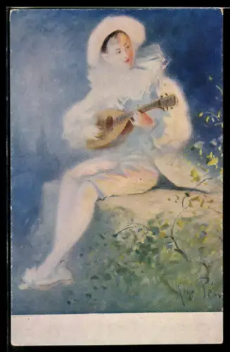 Künstler-AK sign. René Pean: Junger Mann spielt Lautengitarre