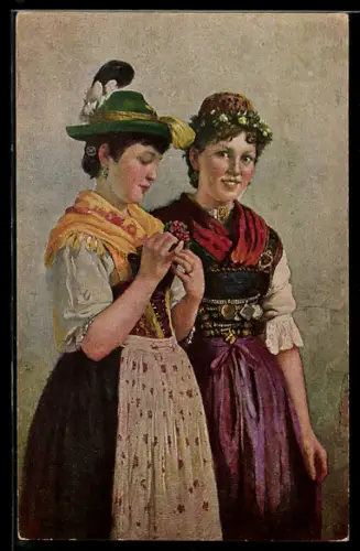 Künstler-AK sign. F. Prölls: Zwei Frauen zum Tanze geschmückt