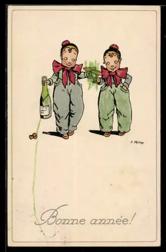 Künstler-AK sign. F. Philipp: Zwei Clowns trinken Champagner, Neujahrsgruss