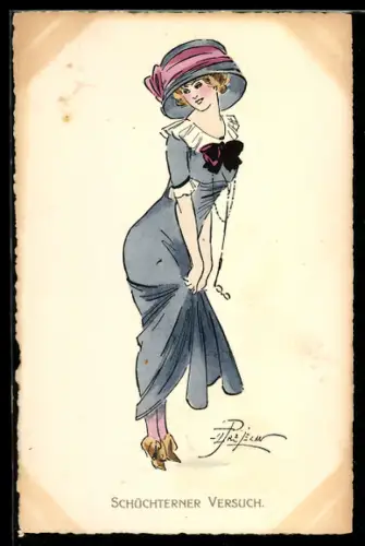 Künstler-AK sign. Prejelan: Schüchterne Frau mit Zwicker