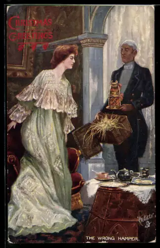 Künstler-AK sign. R. Caton Woodville: Elegante Dame mit Butler, Weihnachtgruss