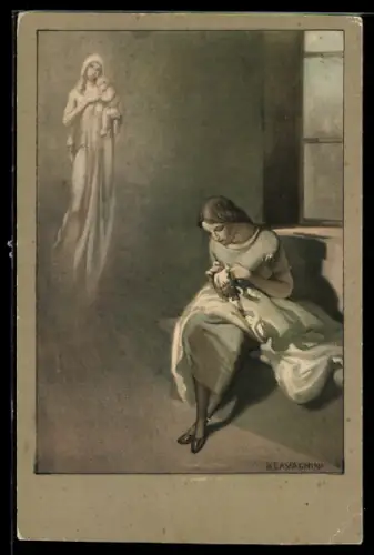 Künstler-AK Milano, Frau bei der Heimarbeit hat eine Marienerscheinung