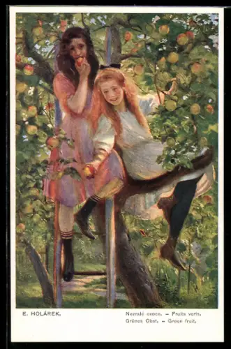 Künstler-AK sign. E. Holárek: Junge Frauen pflücken grünes Obst