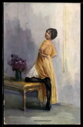 Künstler-AK sign. C. Weber: Siegesbewusstes Fräulein im Kleid