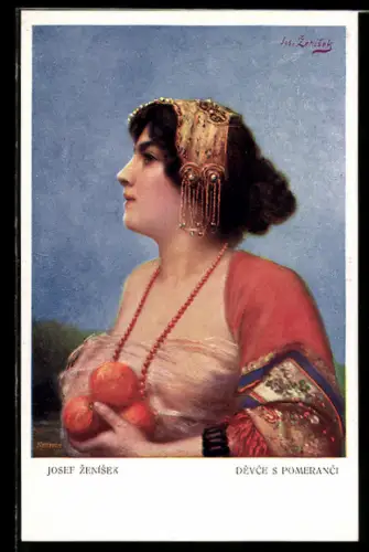 Künstler-AK sign. Josef Zenísek: Junge Frau mit Orangen