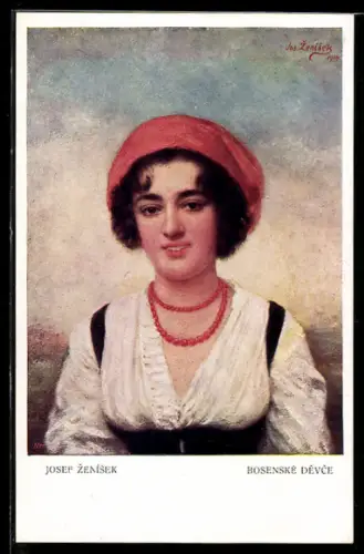 Künstler-AK sign. Josef Zenísek: Junge Frau mit Kopfbedeckung