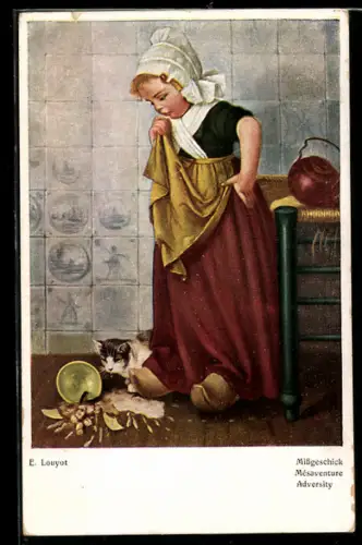 Künstler-AK sign. E. Louyot: Junge Holländerin lässt Schale fallen