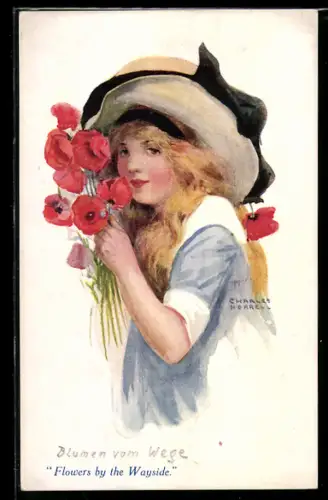 Künstler-AK sign. Charles Horrell: Fräulein mit Mohnblumen