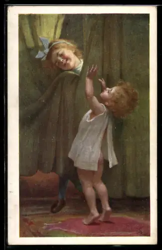 Künstler-AK sign. Ernst Payer: Kinder spielen am Vorhang