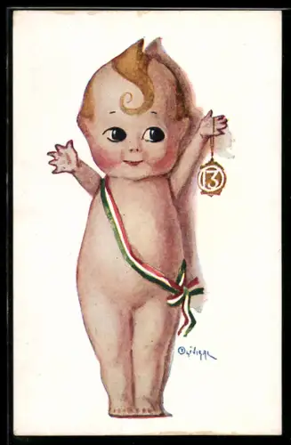 Künstler-AK sign. Olivieri: Nackedei mit grünweissroter Banderole und Anhänger mit Zahl 13