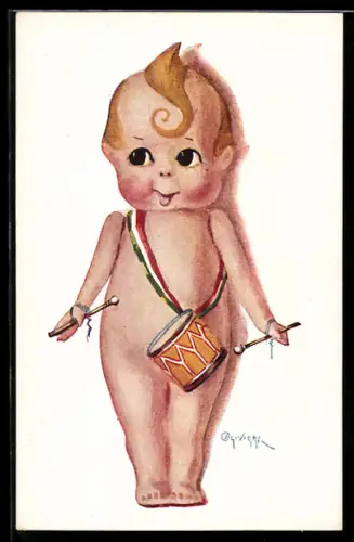 Künstler-AK sign. Olivieri: Nackedei mit grünweissroter Banderole und Trommel