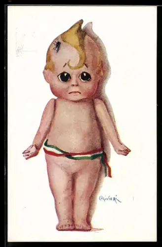 Künstler-AK sign. Olivieri: Nackedei mit grünweissroter Banderole und Brummer am Kopf