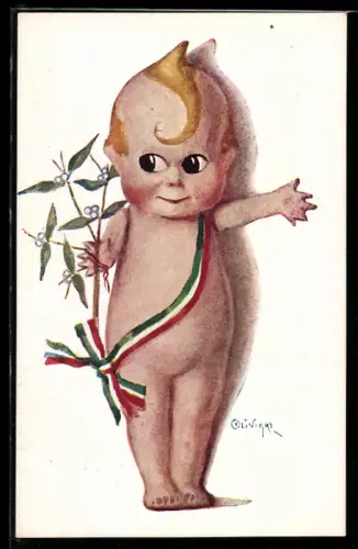 Künstler-AK sign. Olivieri: Nackedei mit grünweissroter Banderole und Lorbeerzweig