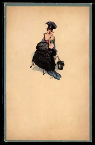Künstler-AK sign. Fredy: Elegante Dame mit Sektflasche im Sektkübel