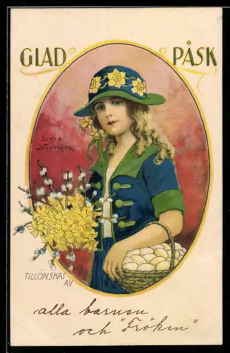 Künstler-AK sign. Jenny Nystrom: Mädchen mit Eierkorb und Weidenkätzchen, Ostergruss
