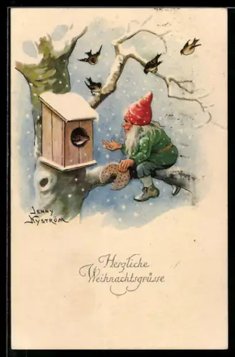 Künstler-AK sign. Jenny Nyström: Zwerg beim Vogelfüttern im Schnee, Weihnachtsgruss