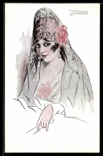 Künstler-AK sign. A. Garcia: Junge Dame mit Kapuze