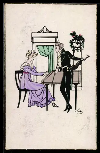 Künstler-AK sign. Salta: Dame am Spinett und Geiger