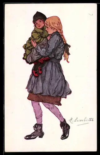 Künstler-AK sign. M. Lambiotte: Mädchen mit Kind auf dem Arm