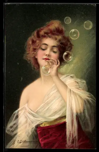 Künstler-AK Bezauberndes Fräulein macht Seifenblasen