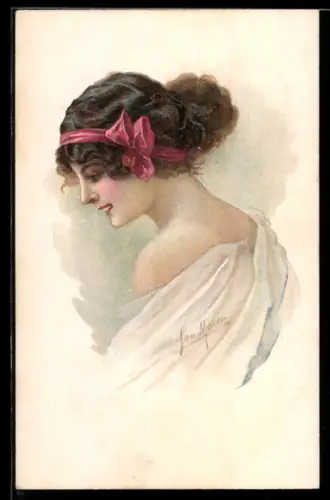 Künstler-AK sign. Fan Marco: Junge Dame mit roter Schleife im Haar
