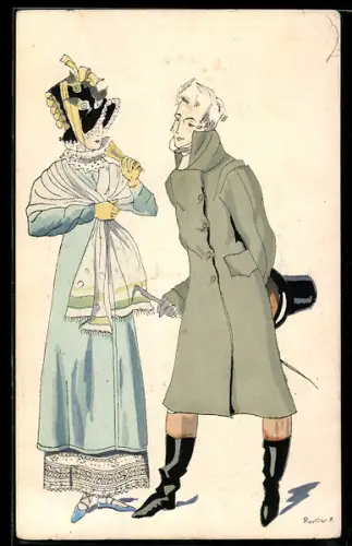 Künstler-AK sign. Rouillier: Paar beim Spaziergang in Kleidung des Empire, 1814