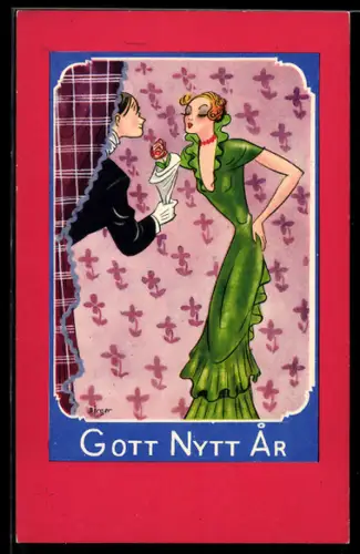 Künstler-AK Mann gibt Frau eine Rose, Art Deco