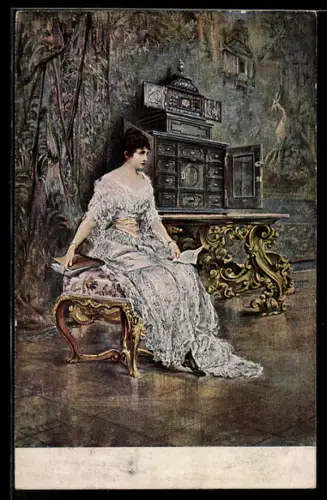 Künstler-AK sign. H. Koch: Dame mit Briefmappe in einem Saal