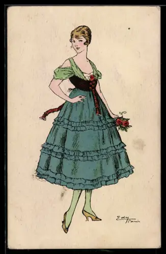 Künstler-AK sign. Edy: Junge Dame im Rüschen-Reifrock