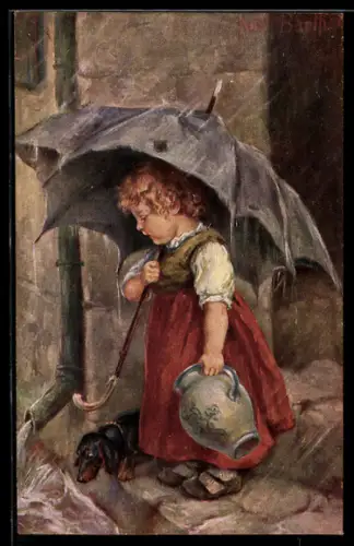 Künstler-AK K. Barth: Zwei Wasserscheue, Mädchen mit ihrem Dackel im Regen