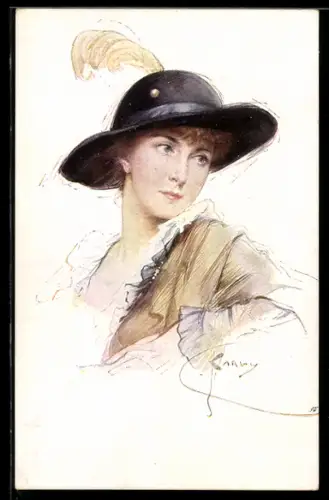 Künstler-AK M.Munk Nr.: 1125, Nachdenkliche Frau mit Hut und Feder