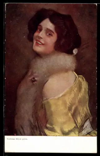 Künstler-AK sign. Tadeusz Okoú: Lachende Dame mit Pelzkragen