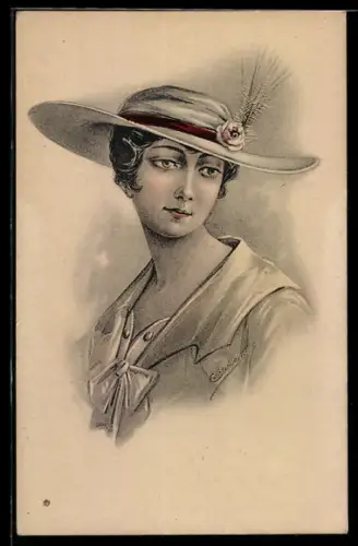 Künstler-AK sign. E. Student: Junge Dame mit Tellerhut