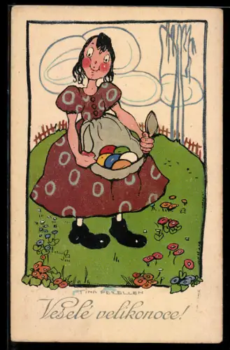 Künstler-AK sign. Tina Pezellen: Mädchen mit Ostereiern, Ostergruss