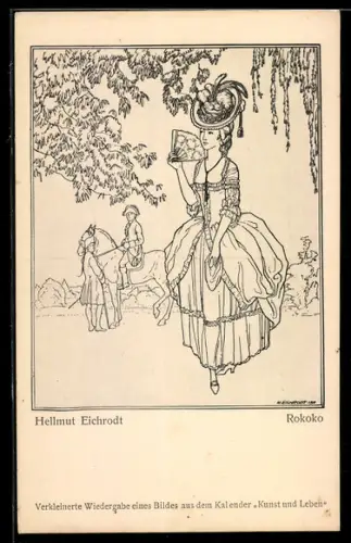 Künstler-AK Dame mit Hut und Fächer im Rokoko-Stil, Reiter zu Pferde