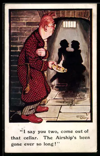 Künstler-AK sign. Lawrence Colborne: I say you two, come out of the cellar.., Liebespaar im Bunker