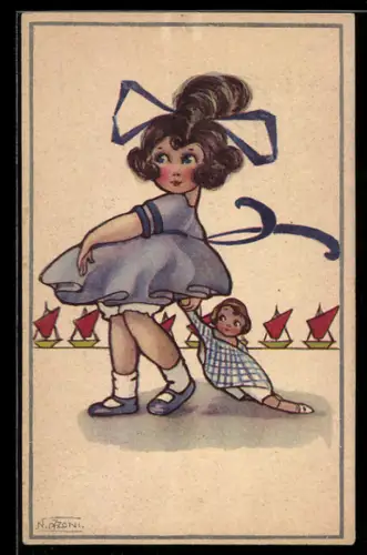 Künstler-AK sign. N. Azzoni: Mädchen mit Puppe, Segelboote