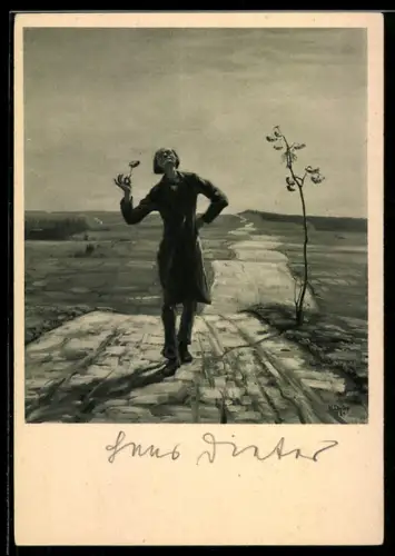 Künstler-AK sign. Hans Dieter: Einer, der seiner Wege geht, Wanderer auf einer Landstrasse