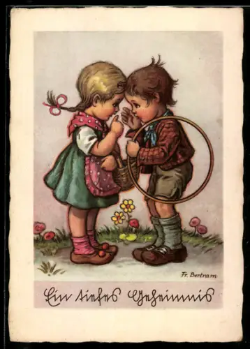 Künstler-AK sign. Fr. Bertram: Ein tiefes Geheimnis, Zwei flüsternde Kinder