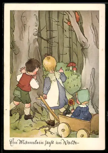 Künstler-AK sign. Margret Savelsberg: Ein Männlein steht im Walde, Kinder finden Fliegenpilze