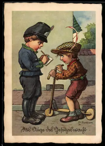 Künstler-AK sign. Fr. Bertram: Kleiner Polizist hält einen Jungen auf einem Roller an