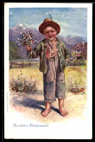 Künstler-AK sign. A. Brack: Junge mit einem Blumenstrauss und Hut gratuliert
