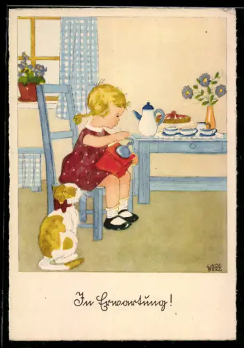 Künstler-AK sign. Lindeberg: Kleines Mädchen mit Kaffeemühle wartet auf Gäste