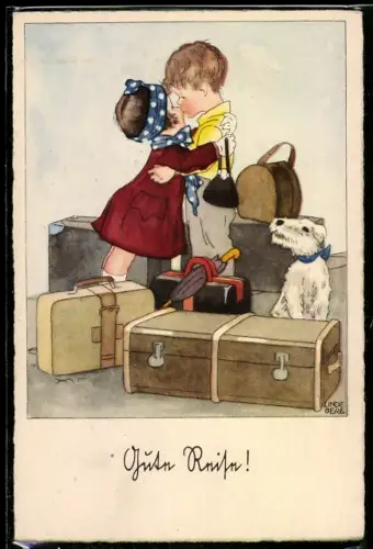 Künstler-AK sign. Lindeberg: Mädchen küsst einen Jungen zum Abschied