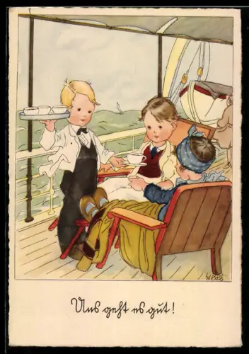 Künstler-AK sign. Lindeberg: Kinder auf einem Schiff trinken Kaffee