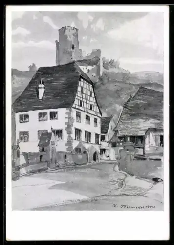 Künstler-AK sign. Max Osterrieder: Kaisersberg, Ortsansicht mit Ruine