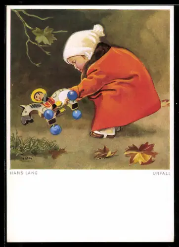 Künstler-AK Hans Lang: Unfall, Holzpferd stürzt um, Kind stellt es wieder auf