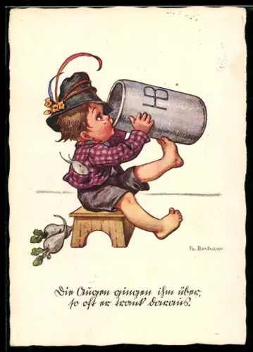 Künstler-AK sign. Fr. Bertram: Kleiner Junge trinkt aus einem Bierkrug