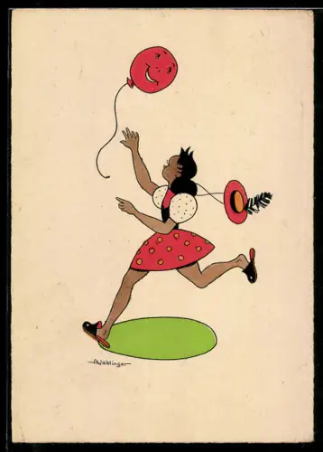 Künstler-AK sign. A. Waiblinger: Mädchen läuft einem Luftballon hinterher