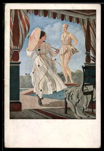 Künstler-AK sign. Otto Lendecke: Sommerlust, junge Frauen im Schwimmbad, Bademode